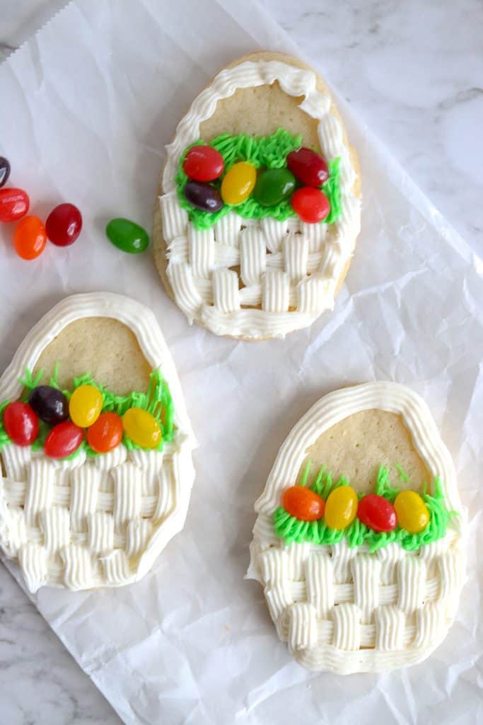 Cookies in the shape of Easter Basket with jellybeans