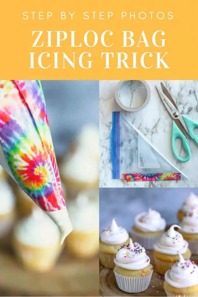 Three photos of how to use the Ziploc Bag Icing Trick to decorate mini cupcakes