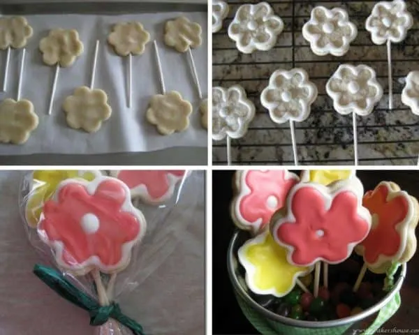 cookie flowers on lollipop sticks with four images to ice with royal icing