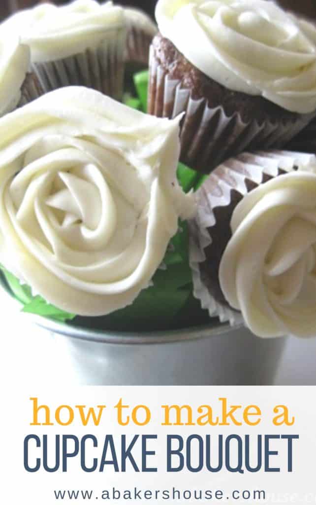 Pinterest image with cupcake bouquet with text overlay