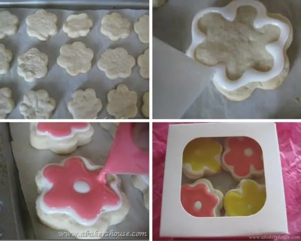 Flower shaped sugar cookies n four photo collage showing steps to bake and ice