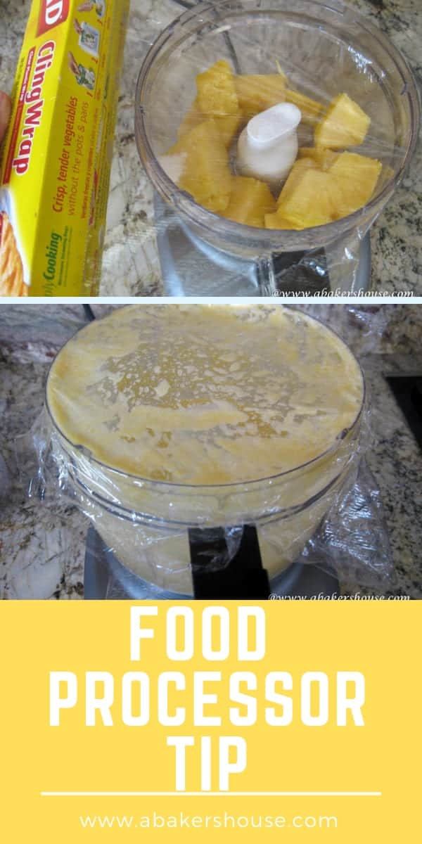 two photos showing steps to use plastic wrap to cover food processor to make easy clean up