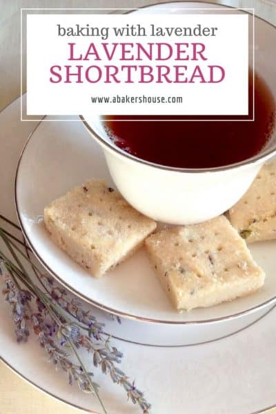 Pinterest image with text overlay for Lavender shortbread on plate with cup of tea