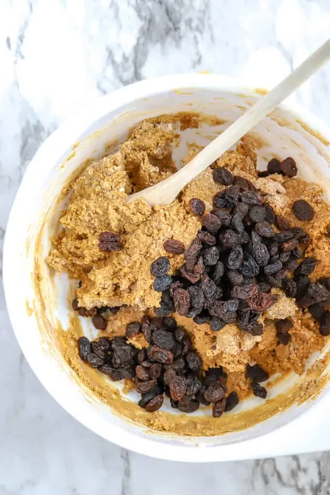 Add the raisins to the batter for gluten free hermit bars