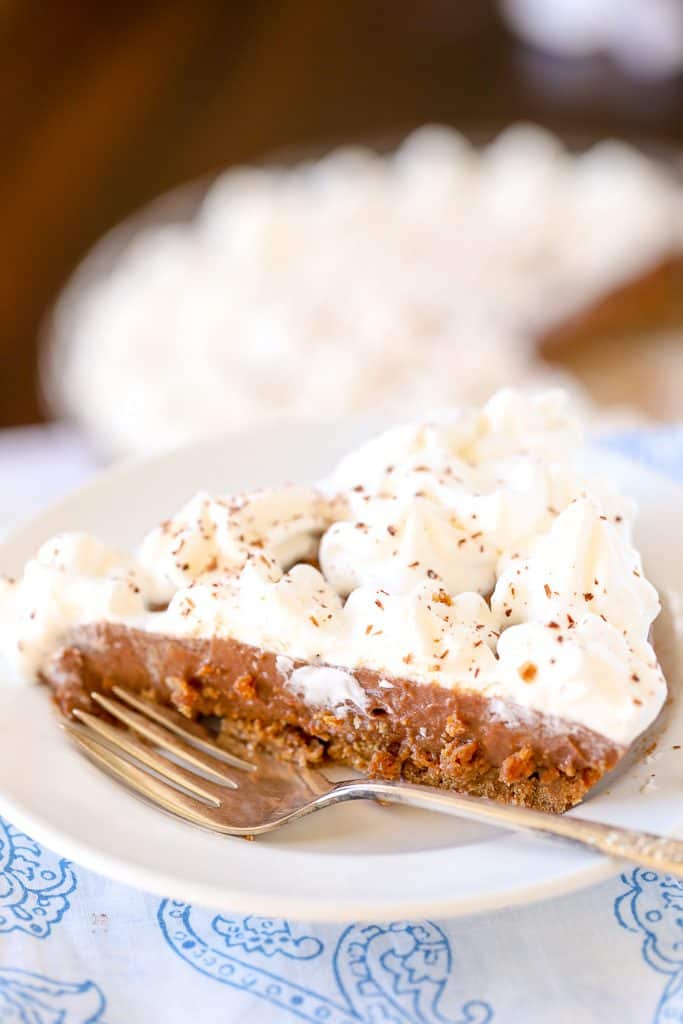 Slice of chocolate pudding pie with homemade chocolate pudding filling