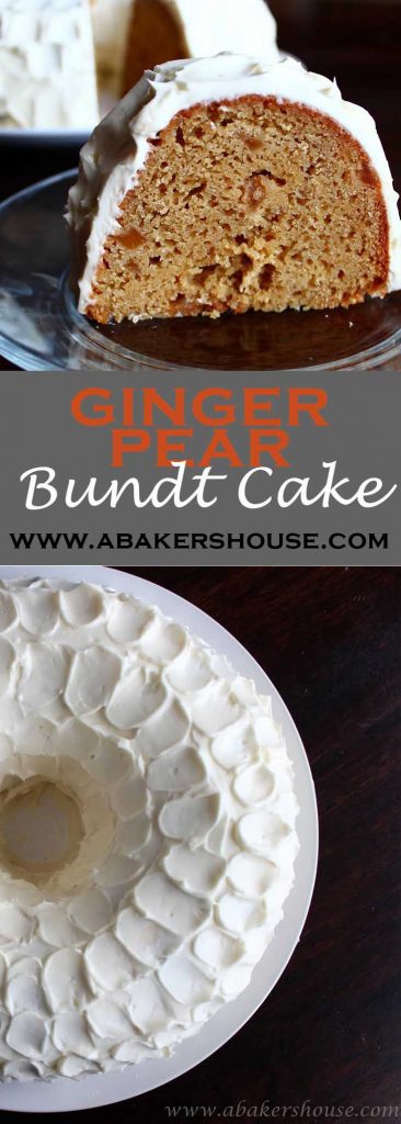 Pinterest image for ginger pear bundt cake with two photos