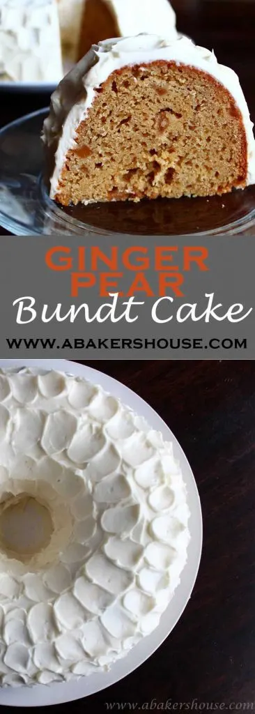 Pinterest image for ginger pear bundt cake with two photos