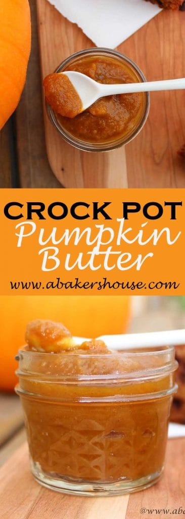 Pinterest image with two photos of crock pot slow cooker pumpkin butter