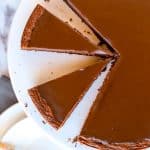 Overhead slices of flourless chocolate cake with chocolate ganache