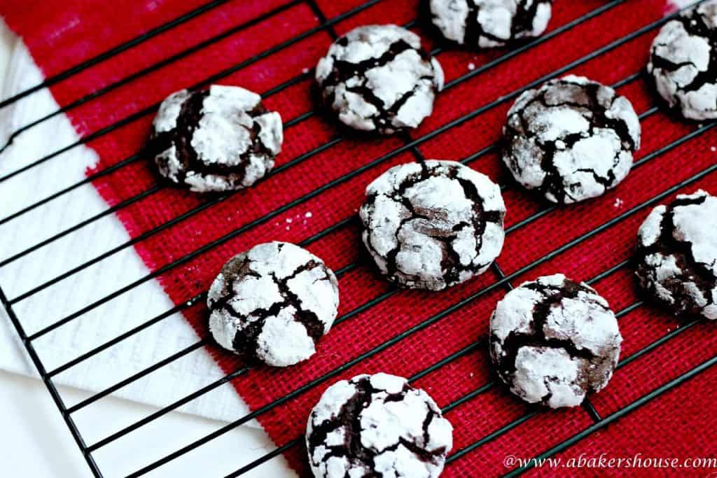 Coffee Chocolate Crinkle Cookies on wire rack with red napkin