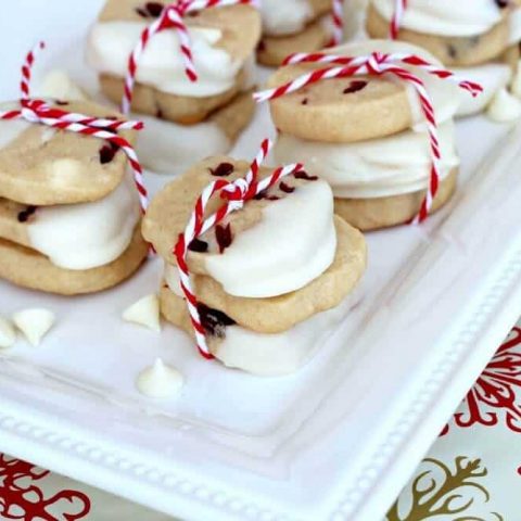 Stacks of white chocolate chip cookies