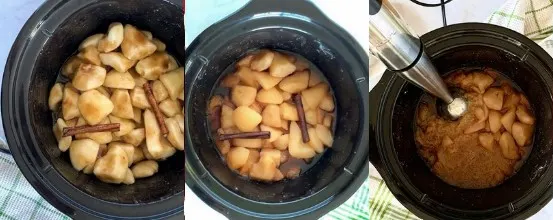 Three photos of the steps of making pear butter in the crock pot