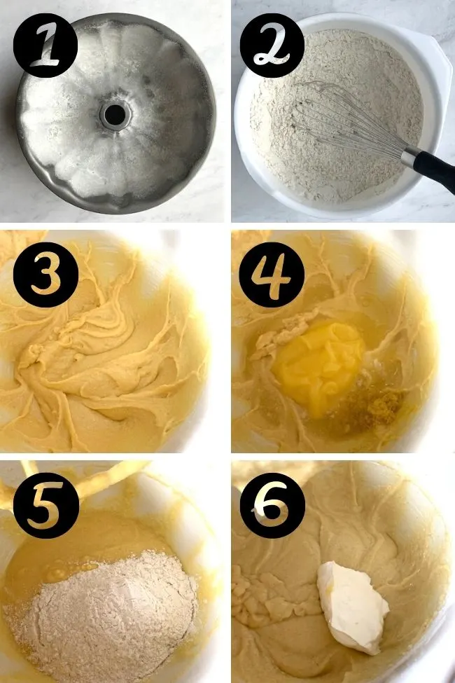 six photos showing steps to make bundt cake with lemon