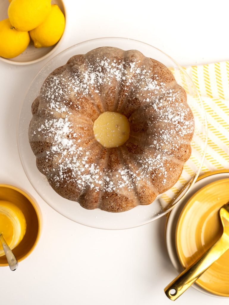 overhead view of lemon bundt cake with lemon glaze