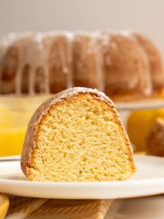 slice of lemon bundt cake on white plate