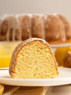 slice of lemon bundt cake on white plate