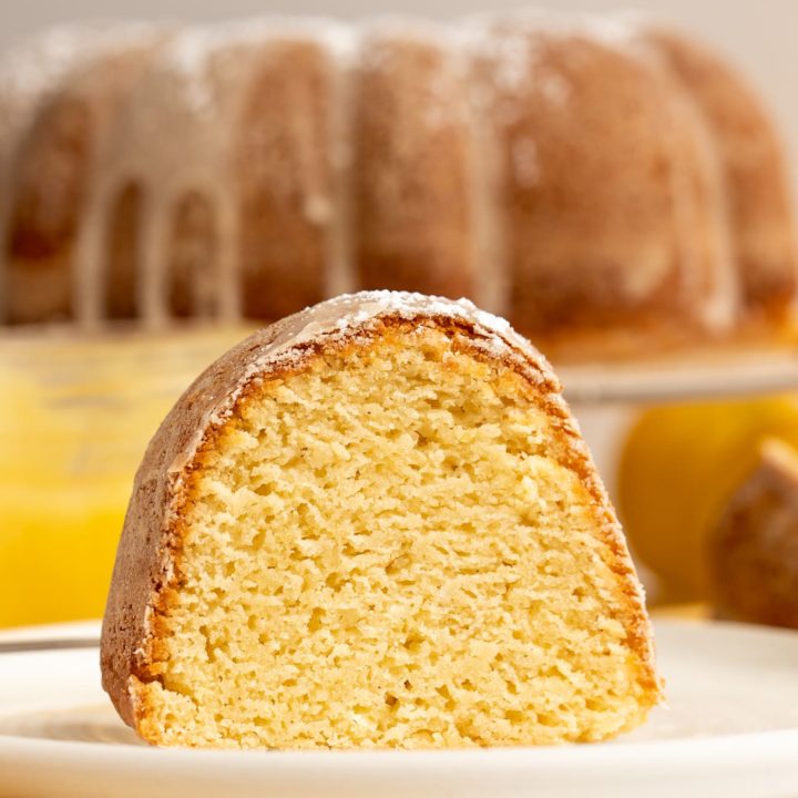 slice of lemon bundt cake on white plate