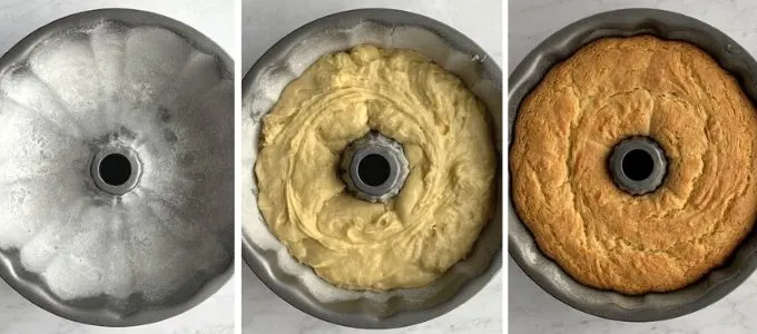 stages of baking Bundt cakes in three images