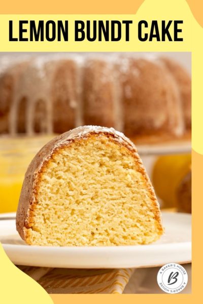 freshly baked slice of lemon cake in Bundt pan