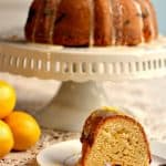 Lemon Bundt cake with a slice of cake on a white plate