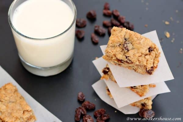 Overhead photo of stack of oatmeal raisin bars