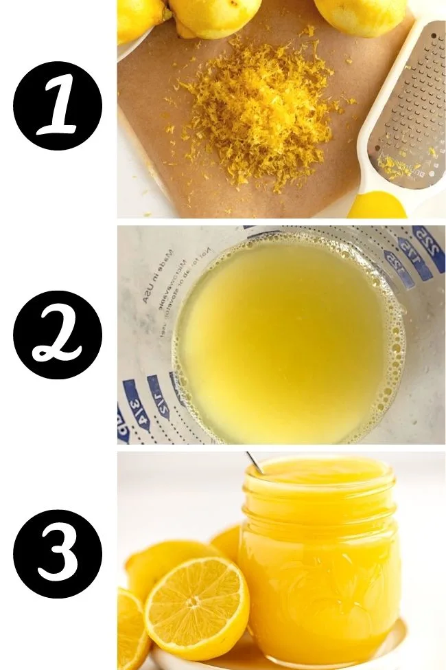 three photos of lemon zest, lemon juice and lemon curd