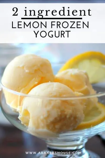 Pin image for 2 ingredient lemon yogurt with scoops of froyo in a glass bowl