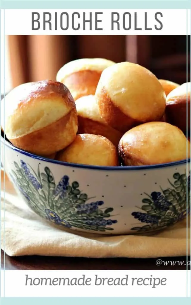 Pinterest image for brioche rolls recipe with rolls in pottery dish by window