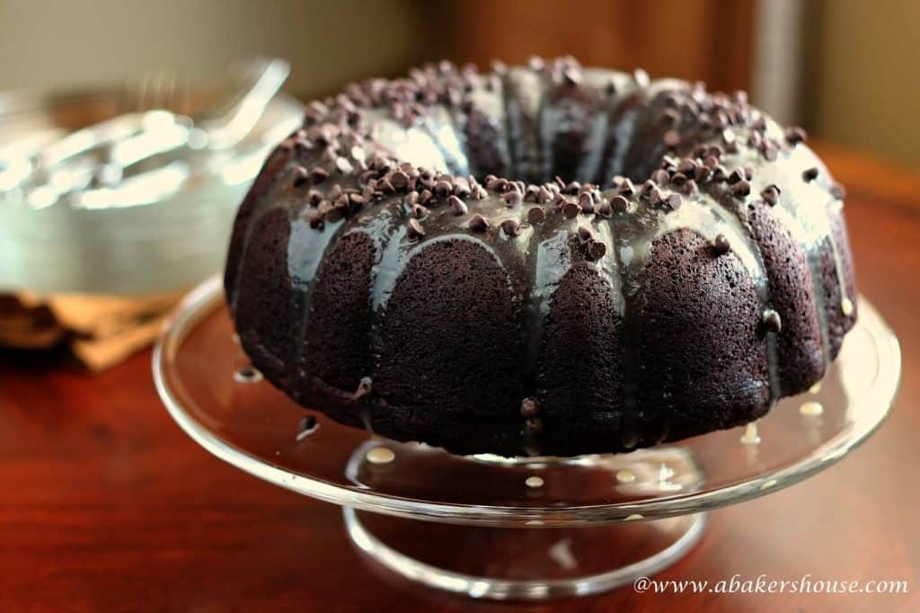 Chocolate espresso bundt cake on a cake stand