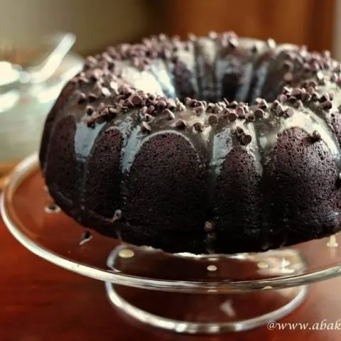 Chocolate espresso bundt cake on a cake stand