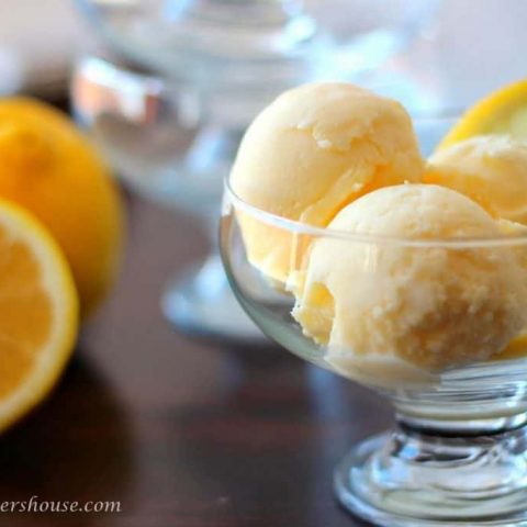 Scoops of lemon frozen yogurt in glass bowl