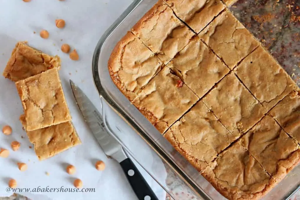 Butterscotch Blondies made in a 9 by 13 pan cut into squares