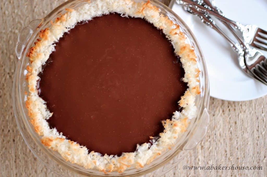 overhead photo of coconut chocolate pie