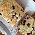 overhead photo of sliced raspberry quick bread