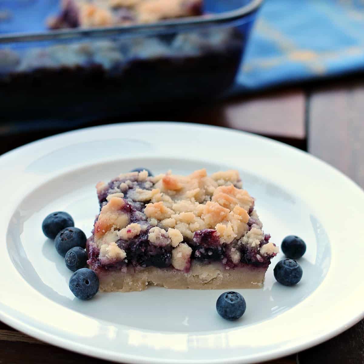 One blueberry square on a white plate