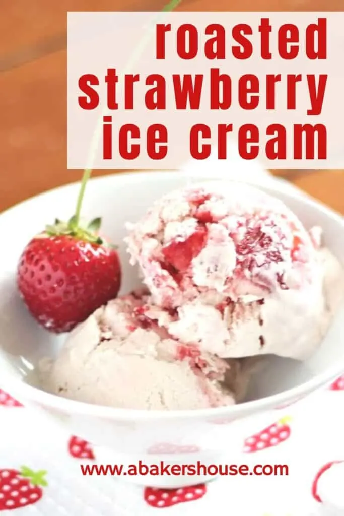 white bowl with roasted strawberry ice cream and strawberry with lone stem