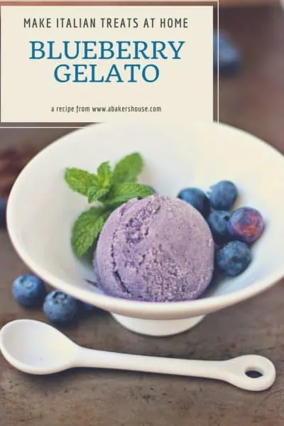 homemade blueberry gelato in white bowl with title text overlay