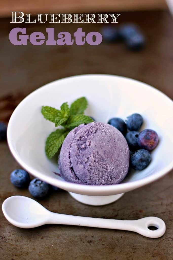 white bowl filled with blueberry gelato with blueberries and mint on the side