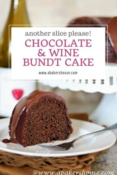slice of Chocolate Wine Bundt Cake on countertop with text title overlay
