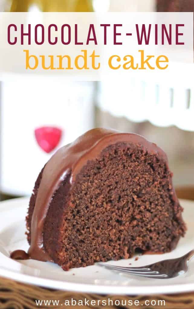 Slice of chocolate wine bundt cake on white plate with platter in background