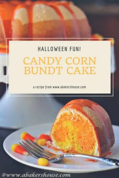 Candy Corn Bundt Cake with one slice on a white plate with text title overlay 