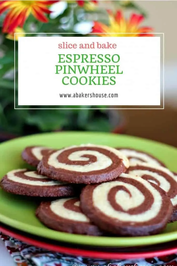 Spiral wheels cookies piled on a green plate with title text overlay for Pinterest image
