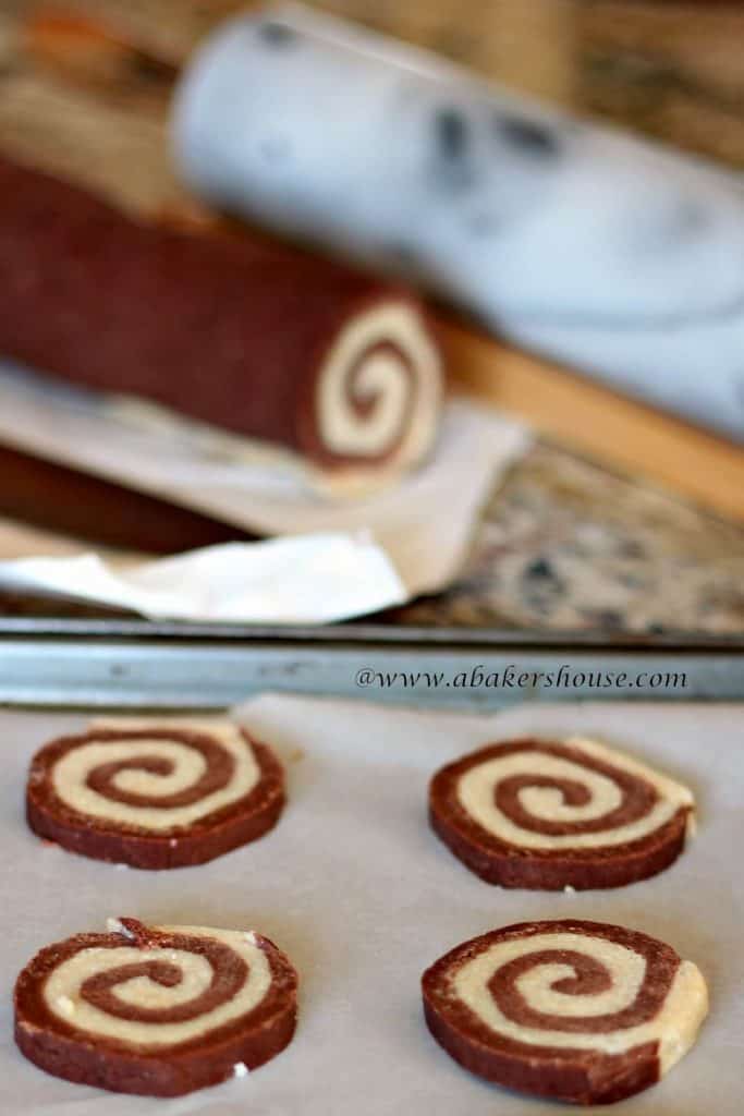 Espresso Pinwheel cookies before baking on parchment paper and baking tray