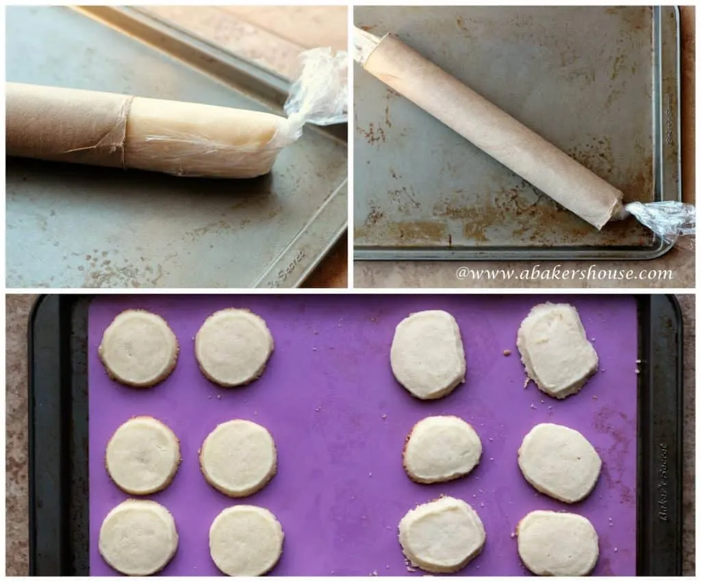 Collage of photos showing how to shape freezer cookies