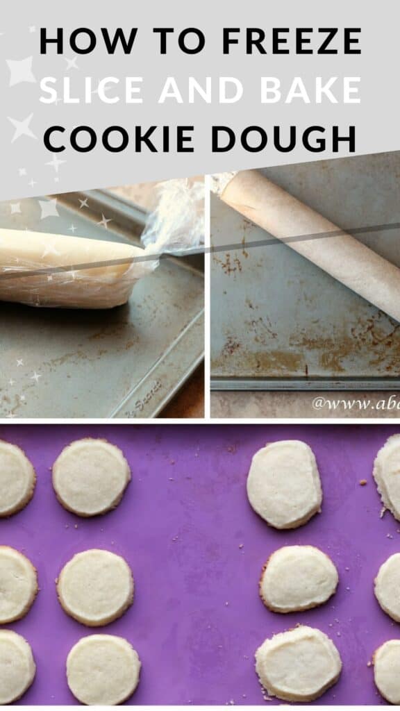 Collage of three photos showing how to make freezer slice and bake cookies