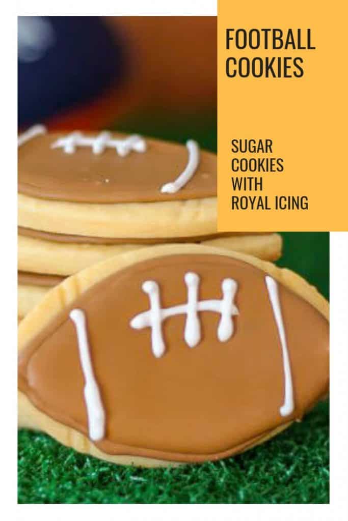 Pinterest photo of upclose sugar cookie decorated with royal icing to look like a football