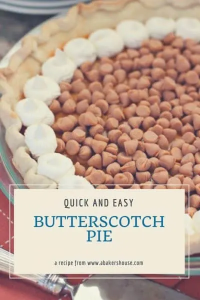 Butterscotch Pudding Pie filled with chips and whipped cream with text title overlay