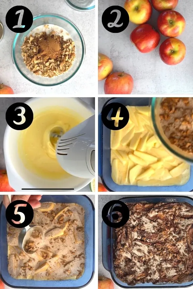 six photos showing steps to make matzo cake