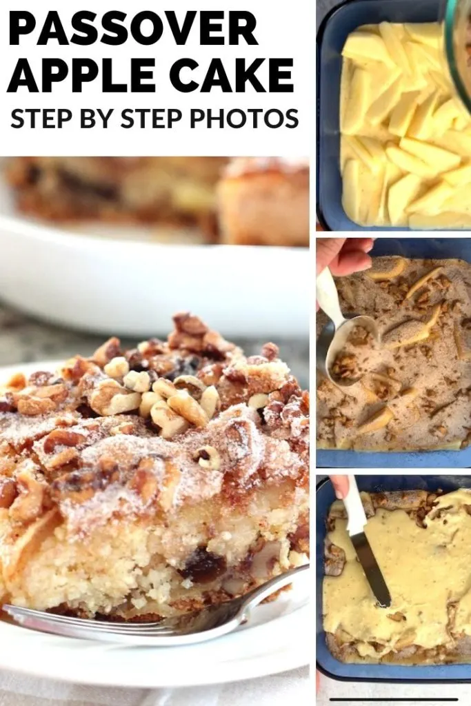four photos showing passover apple cake recipe steps