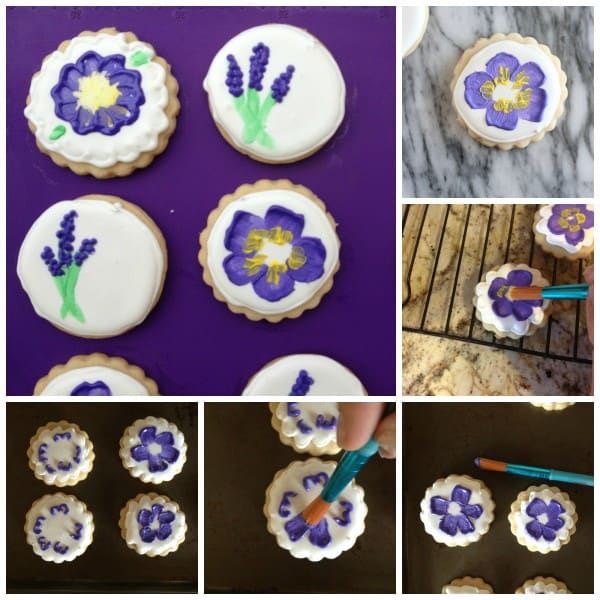 collage of photos showing how to make painted flower cookies
